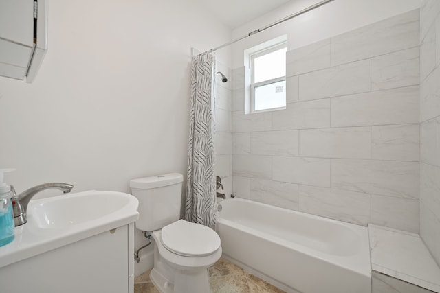 full bathroom featuring shower / tub combo with curtain, vanity, and toilet