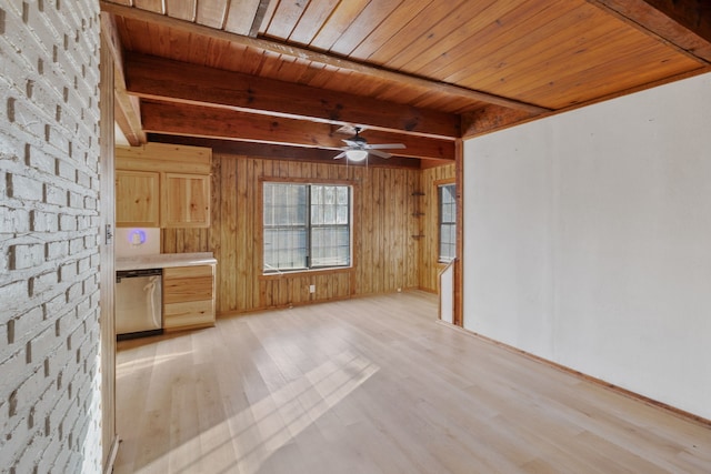 unfurnished living room with ceiling fan, wood walls, beam ceiling, wooden ceiling, and light wood-type flooring