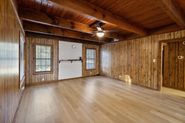 empty room featuring wood walls and beamed ceiling