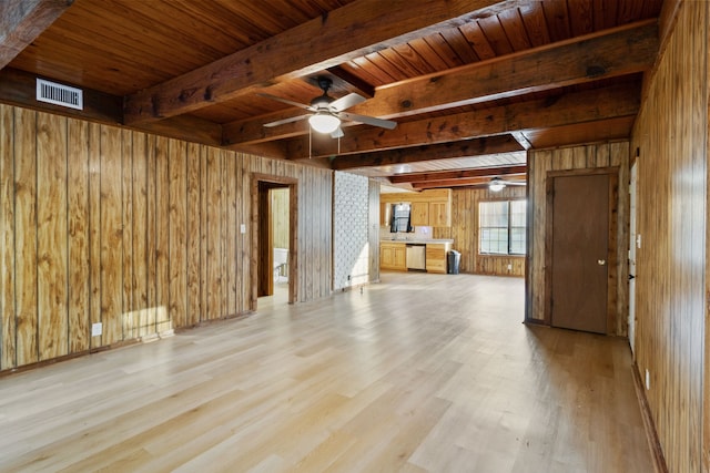 unfurnished living room with beam ceiling, wood walls, and light hardwood / wood-style flooring