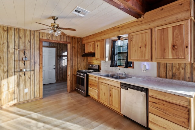 kitchen featuring appliances with stainless steel finishes, wooden walls, and sink