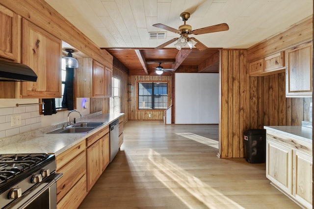 kitchen with light hardwood / wood-style flooring, wood ceiling, wood walls, and backsplash