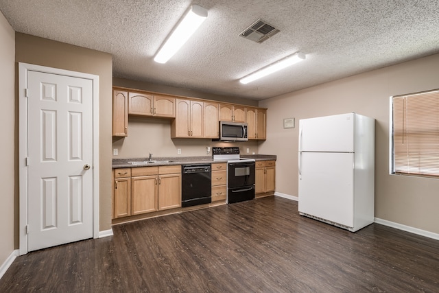 kitchen featuring black appliances, sink, a textured ceiling, and light brown cabinetry