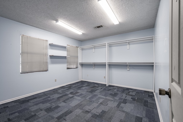 walk in closet with dark colored carpet