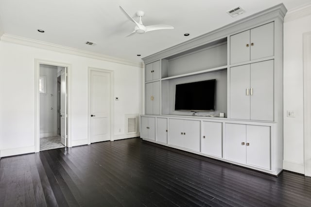 unfurnished living room featuring crown molding, dark wood-type flooring, and ceiling fan