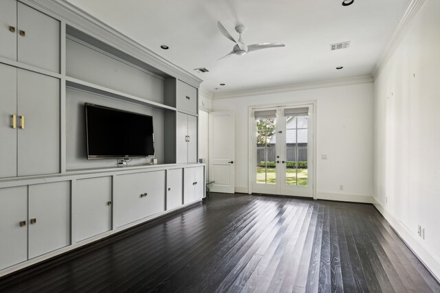 unfurnished living room featuring crown molding, dark hardwood / wood-style floors, french doors, and ceiling fan