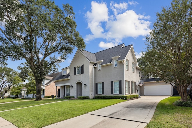 view of front of house with a garage and a front lawn