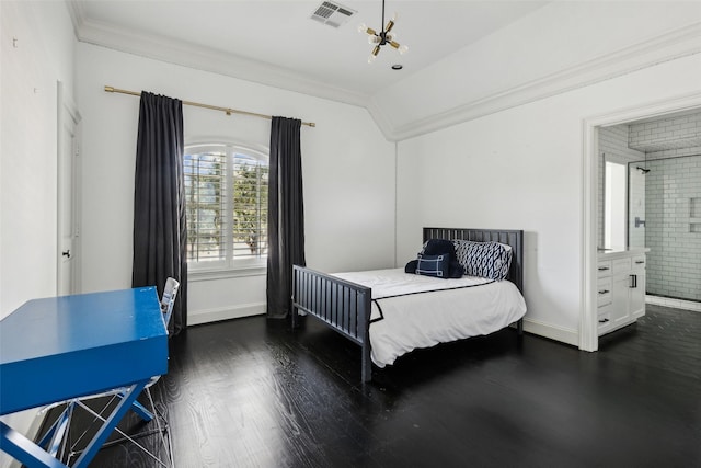 bedroom featuring lofted ceiling, an inviting chandelier, connected bathroom, ornamental molding, and dark hardwood / wood-style flooring