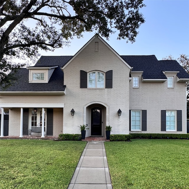 view of front facade with a front yard and covered porch