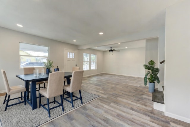 dining area featuring ceiling fan, a wealth of natural light, and light hardwood / wood-style floors