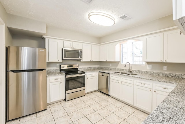 kitchen with a sink, visible vents, white cabinetry, and stainless steel appliances