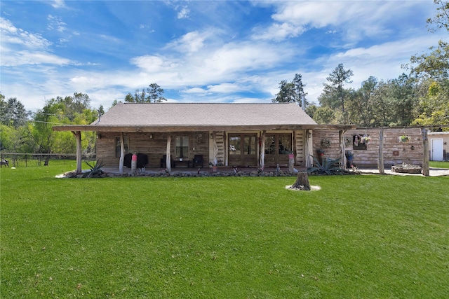 ranch-style house featuring a patio area and a front yard