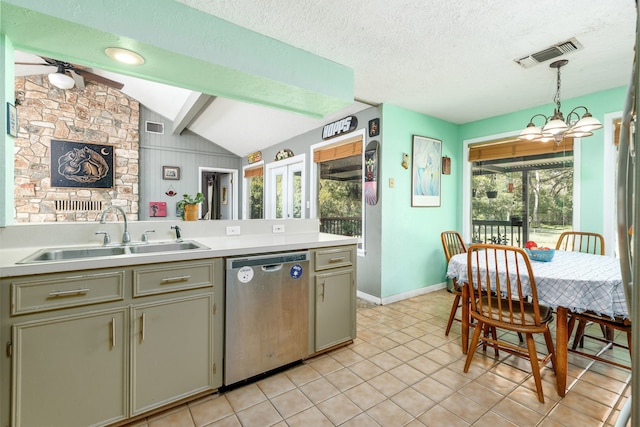 kitchen featuring pendant lighting, plenty of natural light, sink, and stainless steel dishwasher