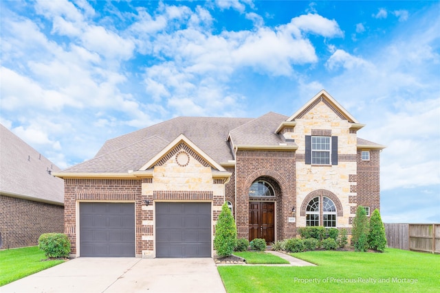 view of front facade with a garage and a front lawn