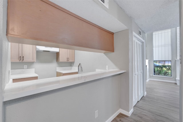 kitchen featuring light wood-type flooring, light brown cabinets, sink, exhaust hood, and a textured ceiling