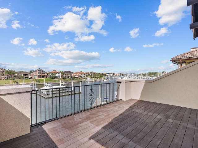 deck featuring a water view