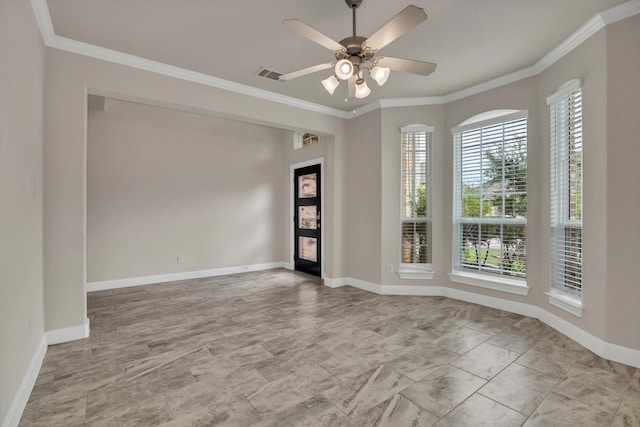 unfurnished room with crown molding and ceiling fan