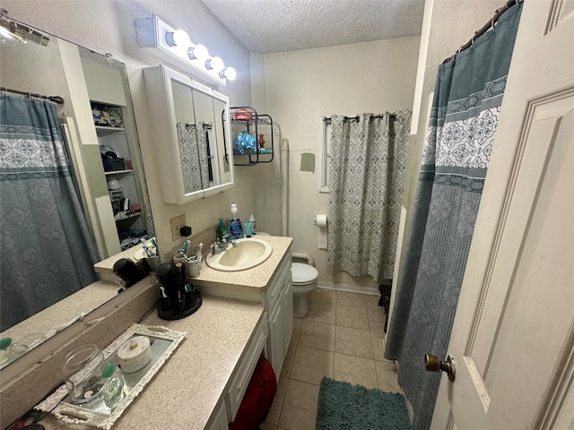 bathroom with vanity, a textured ceiling, tile patterned floors, toilet, and a shower with shower curtain