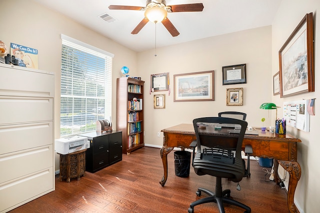 home office featuring ceiling fan and dark hardwood / wood-style floors