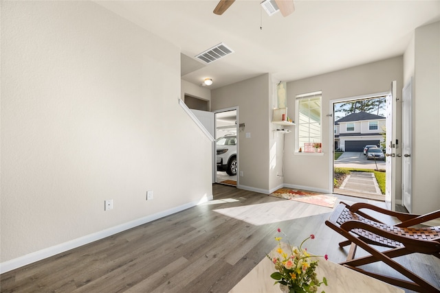 foyer with hardwood / wood-style floors and ceiling fan