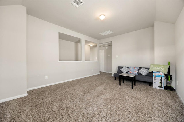 22107 King Heights Ln, Houston, TX 77073 - living area with carpet floors, baseboards, visible vents, and lofted ceiling