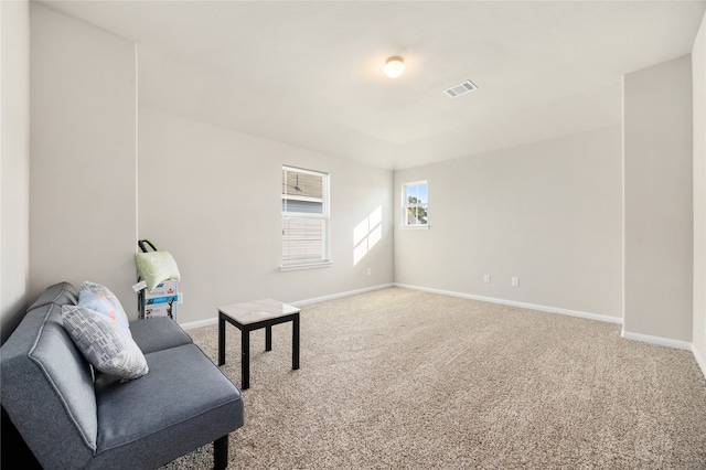 living area featuring carpet floors