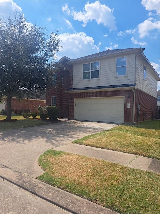 view of front property with cooling unit, a garage, and a front yard