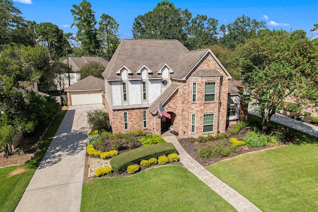 view of front facade with a front yard and a garage