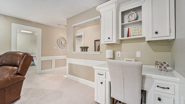 office featuring light carpet, a textured ceiling, and built in features