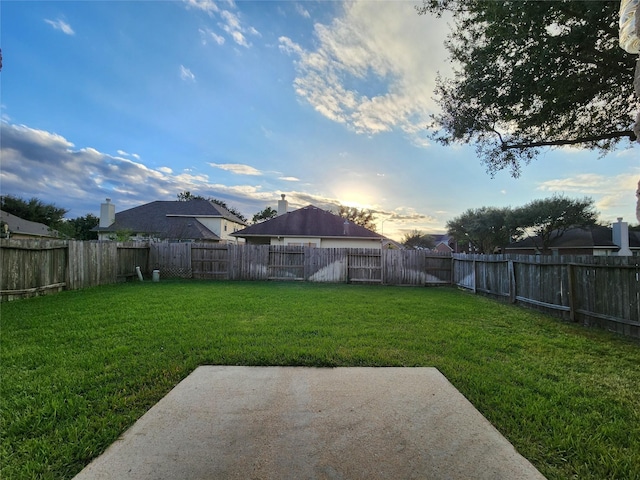 yard at dusk featuring a patio area