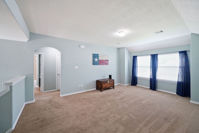 interior space featuring vaulted ceiling, a textured ceiling, and light colored carpet