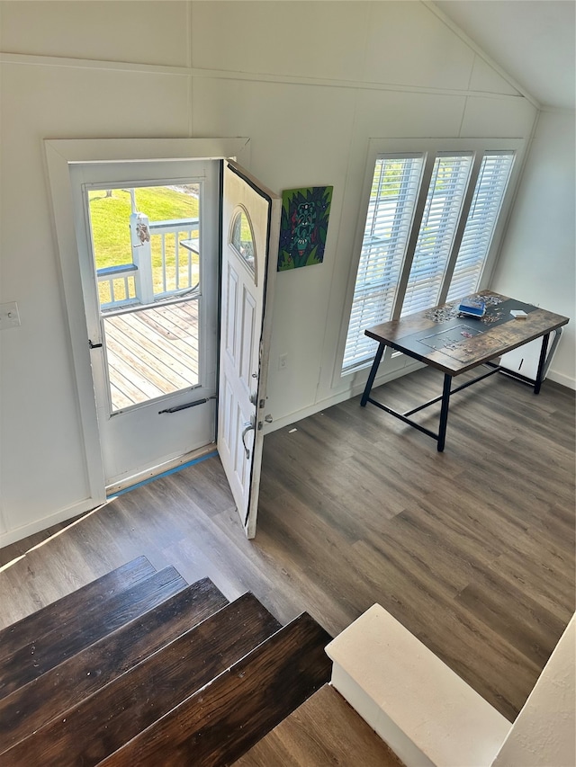 entrance foyer featuring lofted ceiling and wood-type flooring