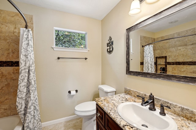 full bathroom with shower / tub combo with curtain, tile patterned floors, vanity, and toilet