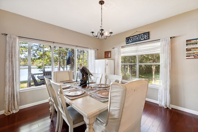 dining space featuring an inviting chandelier, dark hardwood / wood-style flooring, and a healthy amount of sunlight