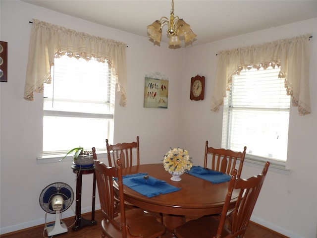 dining area featuring an inviting chandelier, dark wood-type flooring, and a wealth of natural light