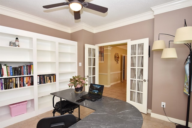 home office with ceiling fan, light tile patterned floors, french doors, and ornamental molding