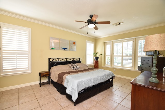 bedroom featuring ceiling fan, light tile patterned floors, and crown molding