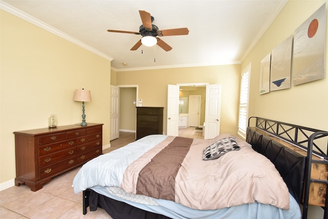 bedroom with ceiling fan, light tile patterned floors, and ornamental molding