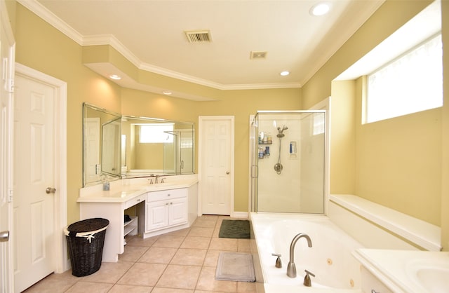 bathroom featuring shower with separate bathtub, crown molding, a healthy amount of sunlight, and vanity