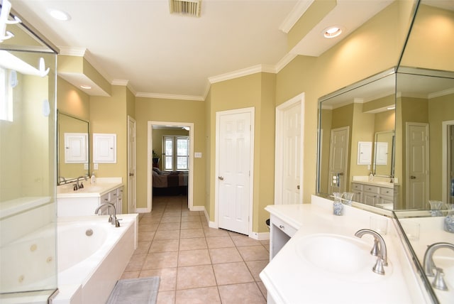 bathroom with a relaxing tiled tub, ornamental molding, tile patterned floors, and vanity