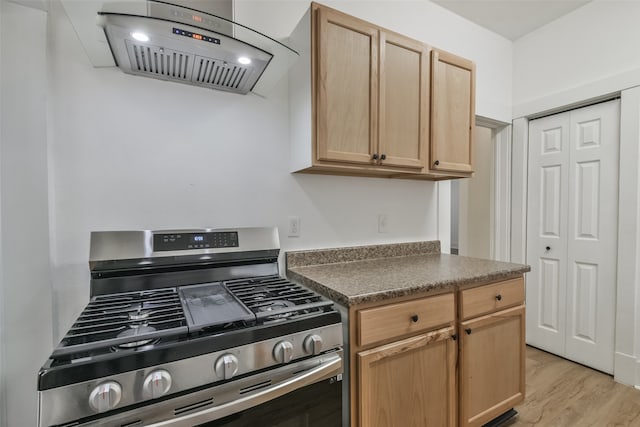 kitchen with island range hood, stainless steel gas stove, and light hardwood / wood-style floors