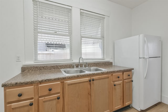 kitchen with light hardwood / wood-style floors, sink, and white refrigerator