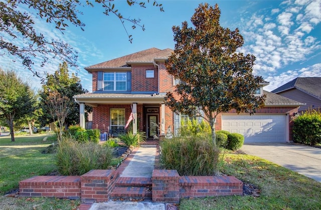 view of front of house featuring a front yard, a garage, and covered porch