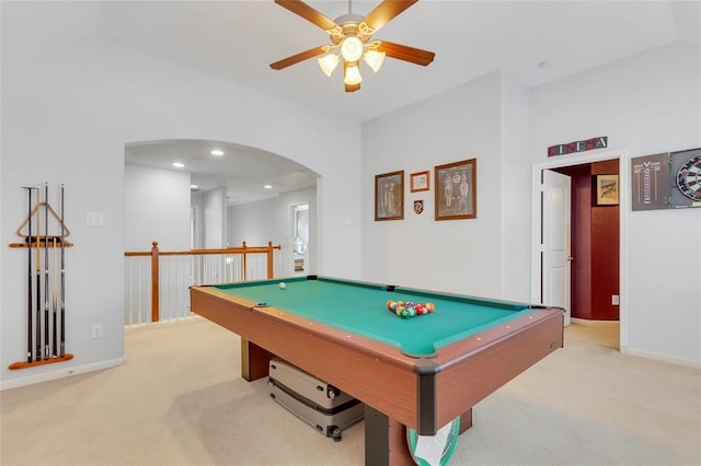 recreation room with ceiling fan, light colored carpet, and pool table