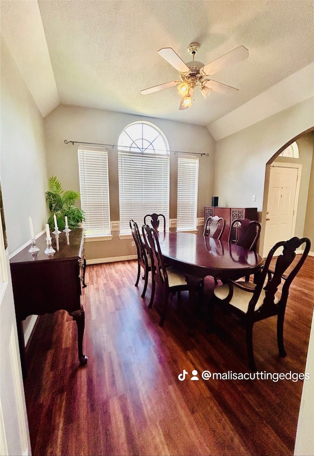 dining space featuring lofted ceiling, ceiling fan, wood-type flooring, and a textured ceiling