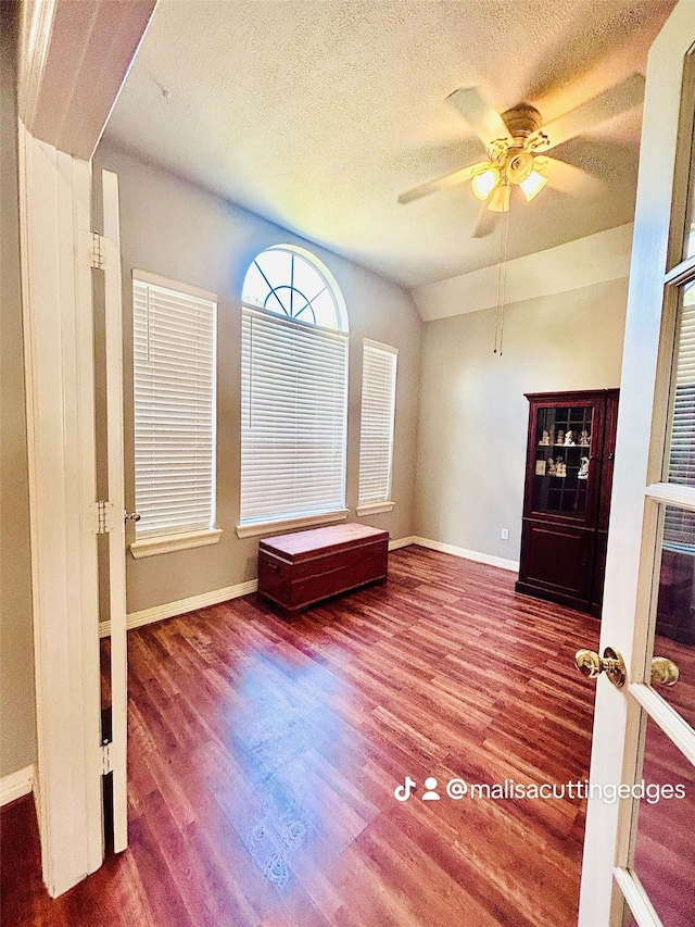 spare room featuring wood-type flooring, a textured ceiling, vaulted ceiling, and ceiling fan