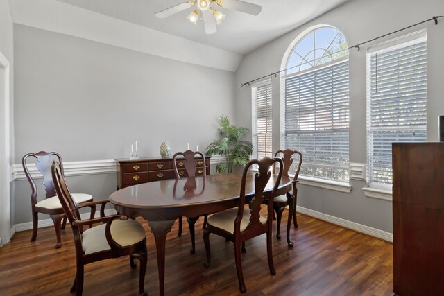 18106 Briden Oak Ct, Spring, TX 77379 - dining area featuring a ceiling fan, wood finished floors, lofted ceiling, and baseboards