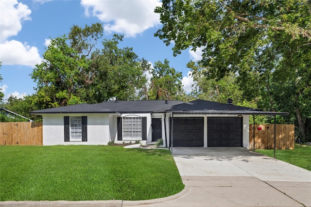 single story home featuring a front yard and a garage