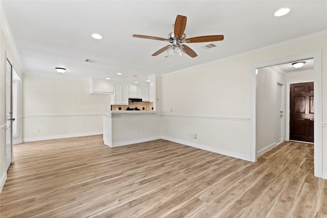 unfurnished living room with ceiling fan, light hardwood / wood-style flooring, and crown molding