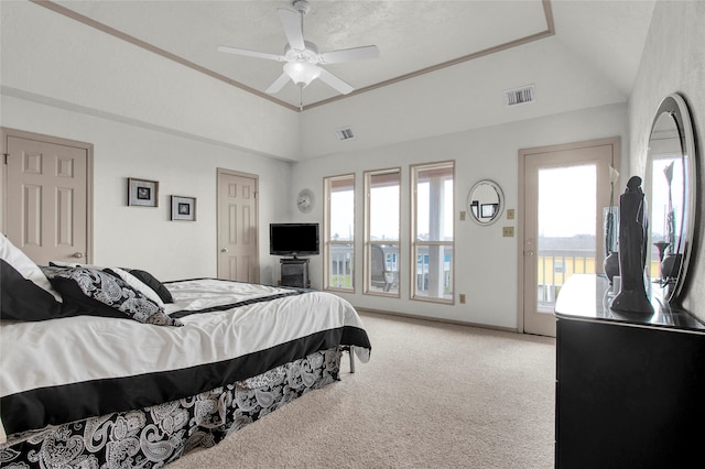 bedroom featuring vaulted ceiling, ceiling fan, and carpet flooring